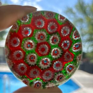 Millefiori Red Green White Italian Style Art Glass Paperweight 2 in